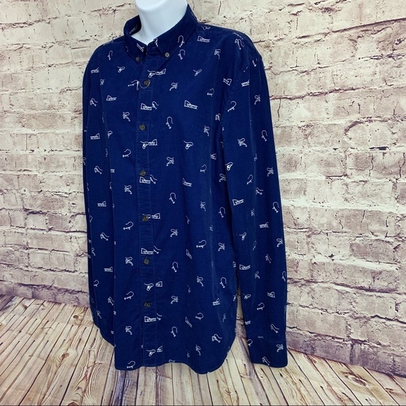 Le 31 Par Simons Blue Fishing Print Corduroy Button Front Shirt - Picture 2 of 12